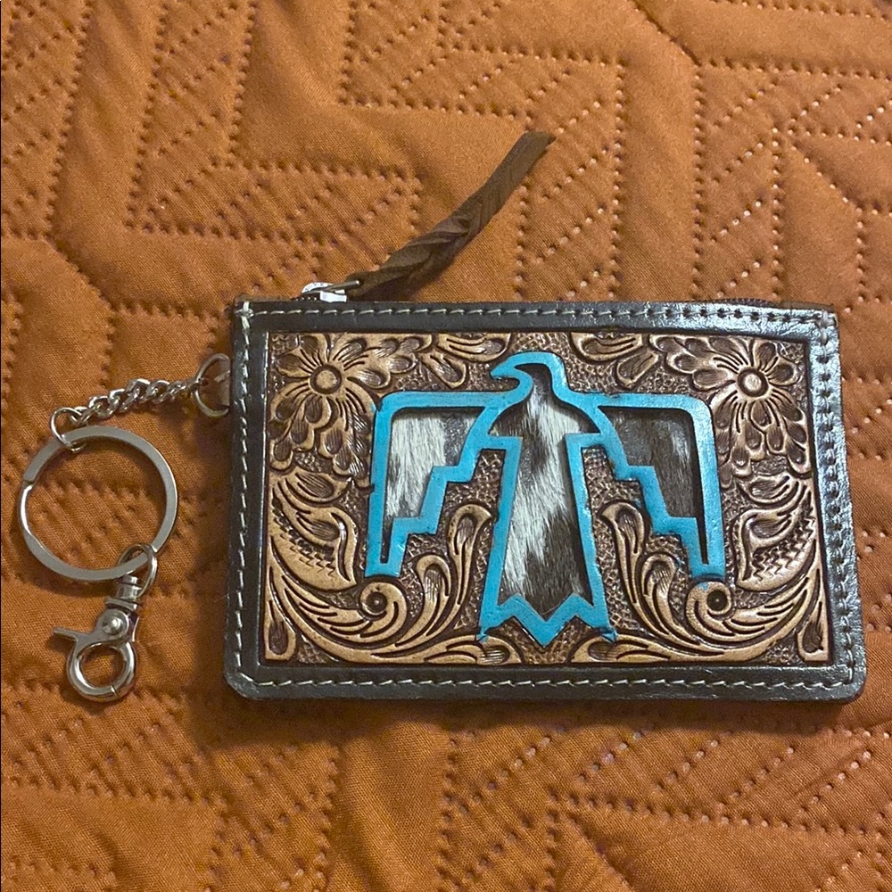 Thunderbird Cowhide Leather Keychain Wallet with Turquoise Accent